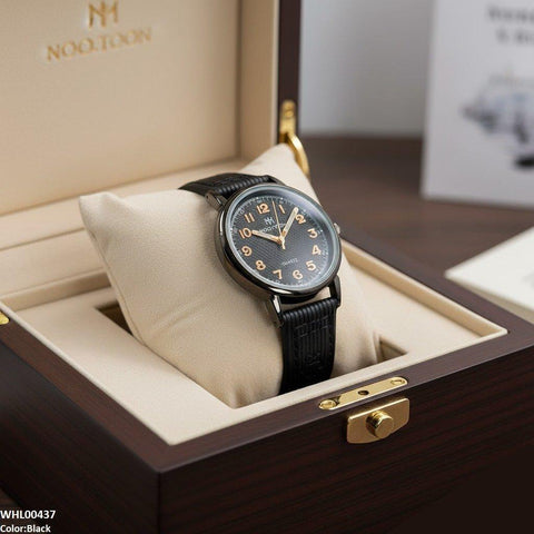 WHL00437 BWS Round Black Bezel Numbering Dial Leather Strap Women's Watch - WHL