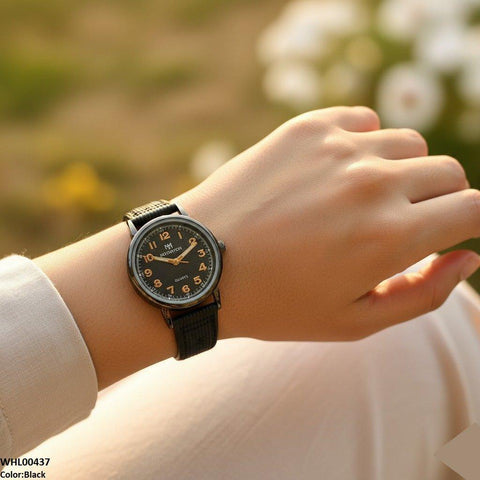 WHL00437 BWS Round Black Bezel Numbering Dial Leather Strap Women's Watch - WHL