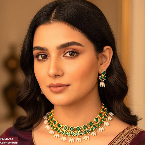 PNSH243 FRN Square/Pearl Drop Necklace Set - PNSH