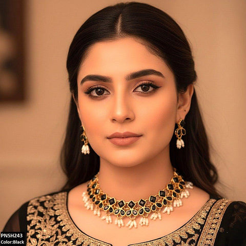 PNSH243 FRN Square/Pearl Drop Necklace Set - PNSH