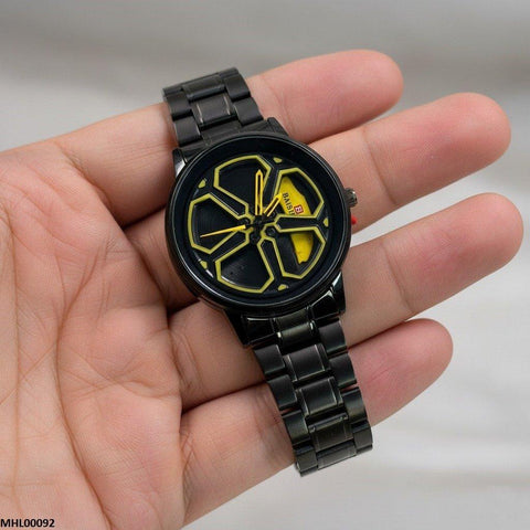 MHL00092 HWR Round Car Wheel Yellow Rim Men's Watch - MHL