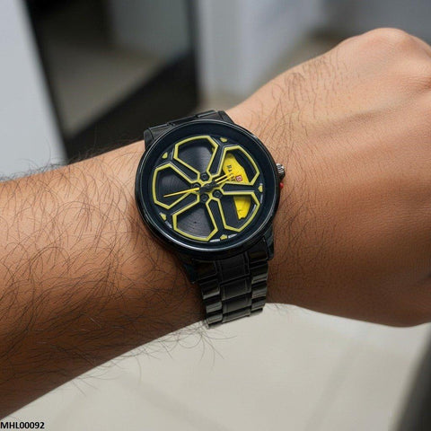 MHL00092 HWR Round Car Wheel Yellow Rim Men's Watch - MHL