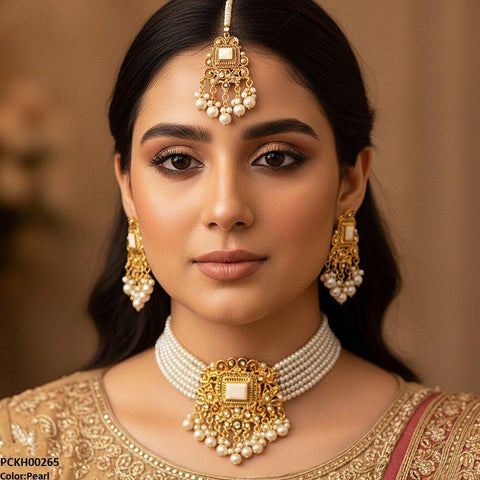 PCKH00265 SDQ Rectangle Pearl Drop Choker Set - PCKH