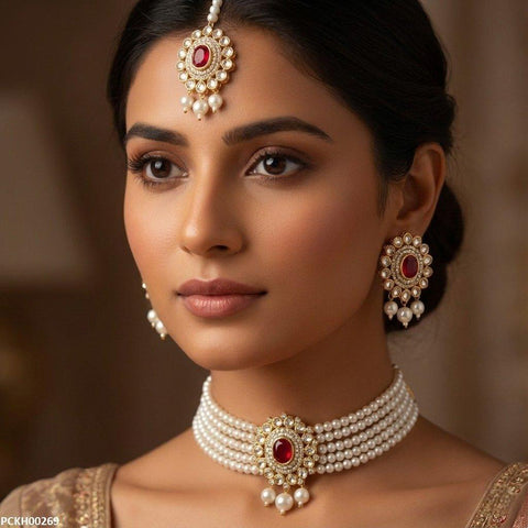 PCKH00269 MZM Oval Pearl Drop Choker Set - PCKH