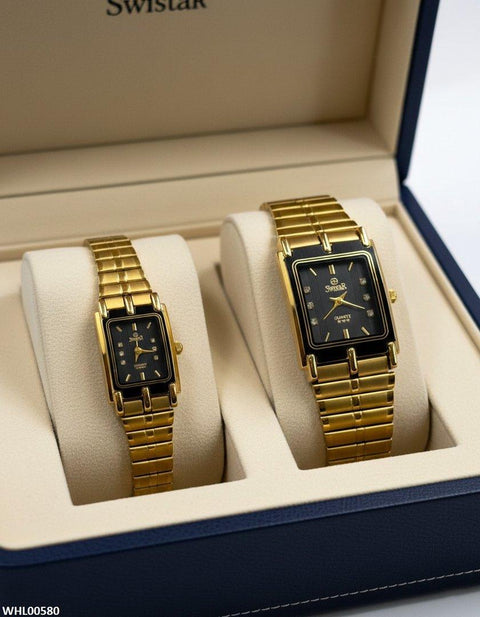 WHL00580 IWA Rectangle Black Dial Couple Watch - WHL