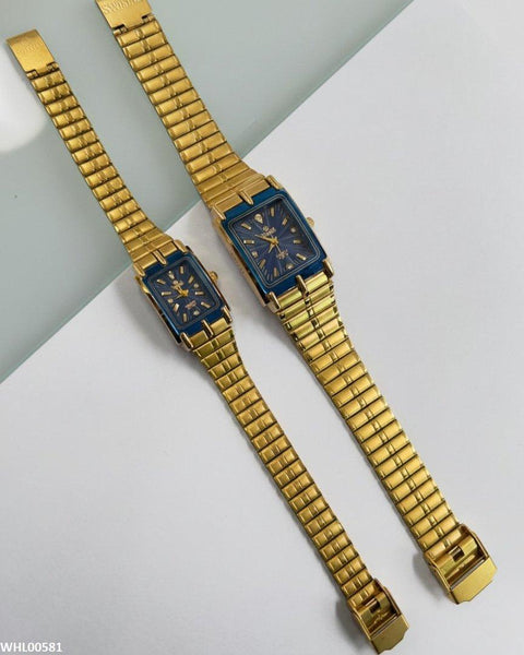 WHL00581 IWA Rectangle Blue Bezel Dial Couple Watch - WHL