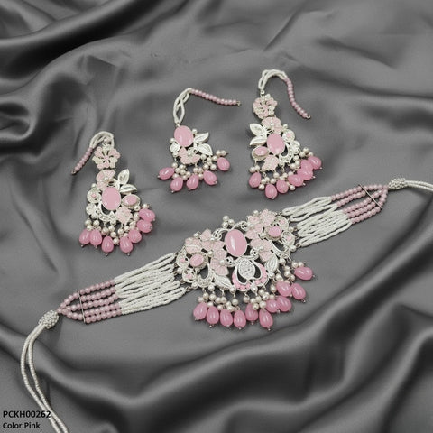 PCKH00262 SDQ Oval/Flower Pearl Drop Choker Set - PCKH