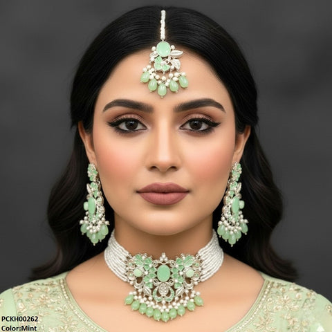 PCKH00262 SDQ Oval/Flower Pearl Drop Choker Set - PCKH