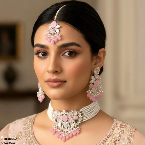 PCKH00262 SDQ Oval/Flower Pearl Drop Choker Set - PCKH