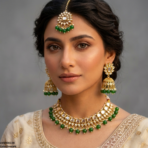 LNSH00228 ANI Square/Tear Pearl Drop Rajwari Necklace Set - LNSH