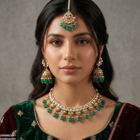 LNSH00232 ANI Square Stone Pearl Drop Rajwari Necklace Set - LNSH