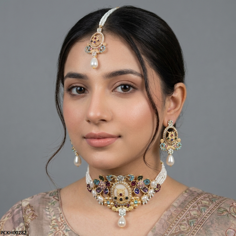 PCKH00282 ABD Multi Flower Pearl Drop Choker Set - PCKH