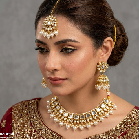 LNSH00228 ANI Square/Tear Pearl Drop Rajwari Necklace Set - LNSH