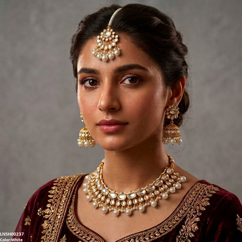 LNSH00237 ANI Oval/Tear Pearl Drop Rajwari Necklace Set - LNSH