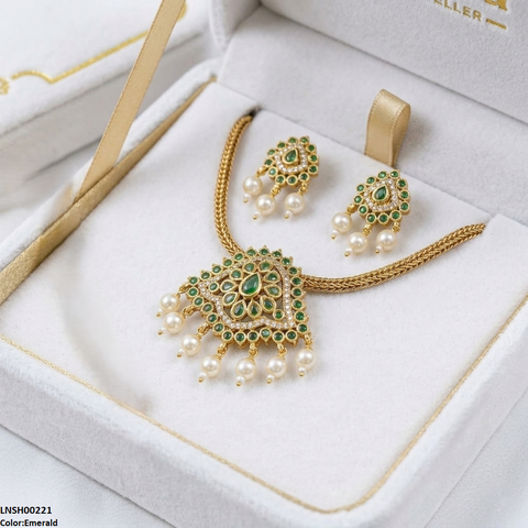 LNSH00221 ANI Round Pearl Drop South Indian Necklace Set - LNSH