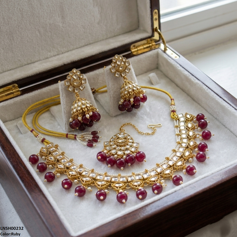 LNSH00232 ANI Square Stone Pearl Drop Rajwari Necklace Set - LNSH