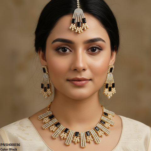 PNSH00036 MZM Rectangle Pearl  Necklace Set - PNSH
