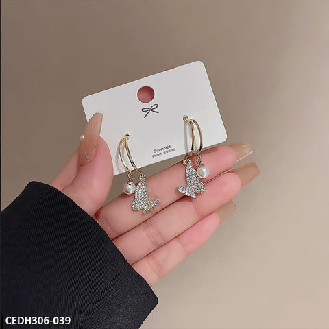 CEDH306 DDJ Butterfly pearl Drop Earrings Pair - CEDH