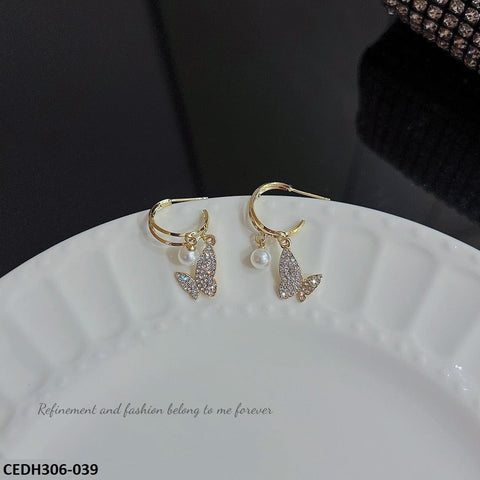 CEDH306 DDJ Butterfly pearl Drop Earrings Pair - CEDH