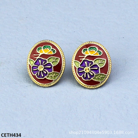 CETH434 YUL Painted Flower Oval Stud Tops Pair - CETH