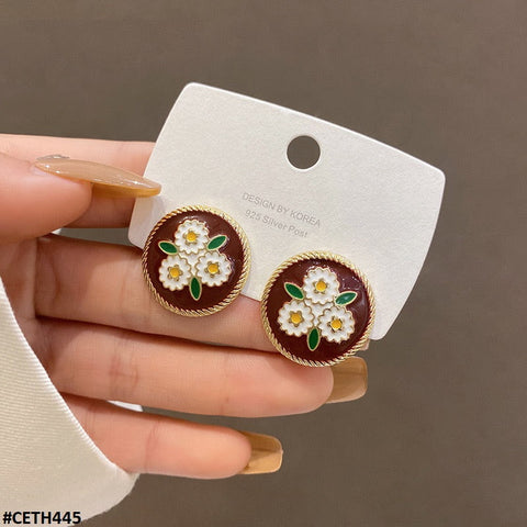 CETH445 YUL Painted Flower Round  Stud Tops Pair - CETH