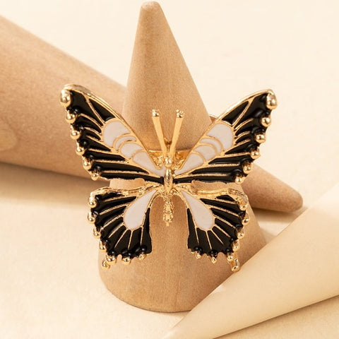 CRGH380 YYE Black & White Painted Butterfly Adjustable Ring - CRGH