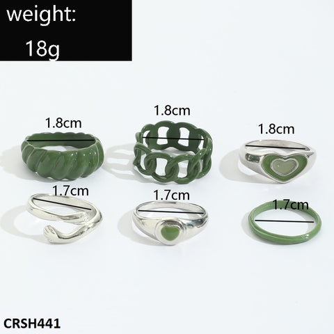 CRSH441 YPG Heart & Green 6 Midi Painted Rings - CRSH