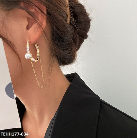 TEHH177 SYB Round Pearl Chain Drop Hoops Pair - CEHH