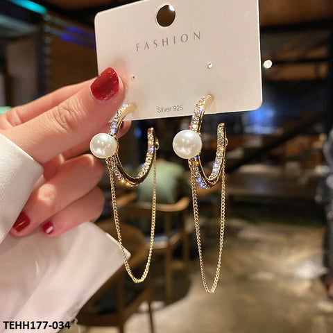 TEHH177 SYB Round Pearl Chain Drop Hoops Pair - CEHH