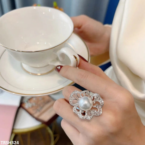 TRSH324 CJD Pearl Flower Adjustable Ring - TRSH